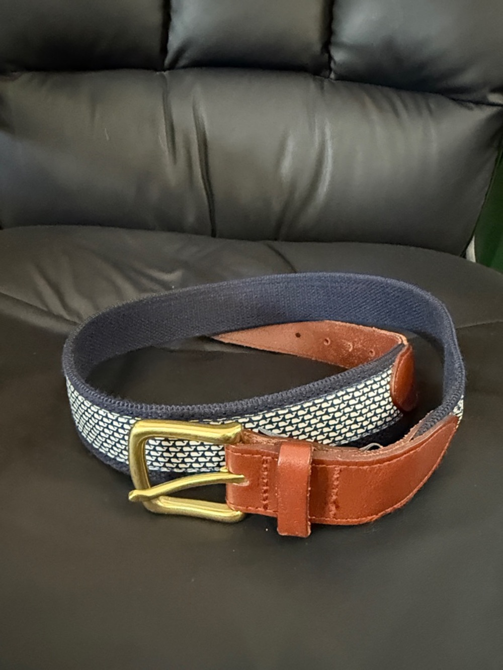 Vineyard Vines Navy Woven Web Belt with Brown Leather Accents